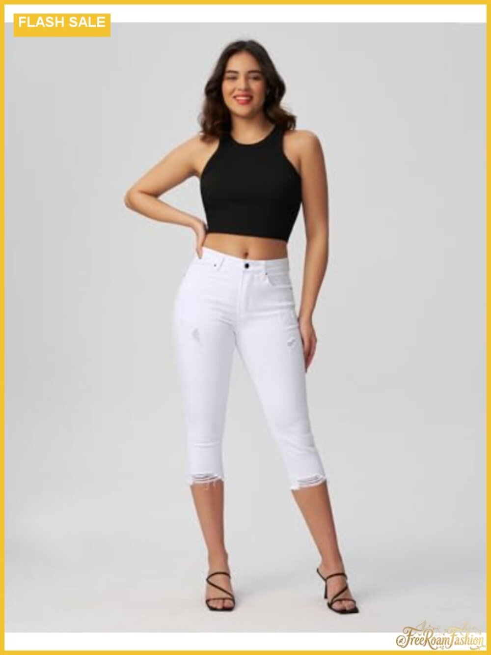 Mid Rise Skinny Capri Jeans with Distressed Rips - Picture 2 of 6